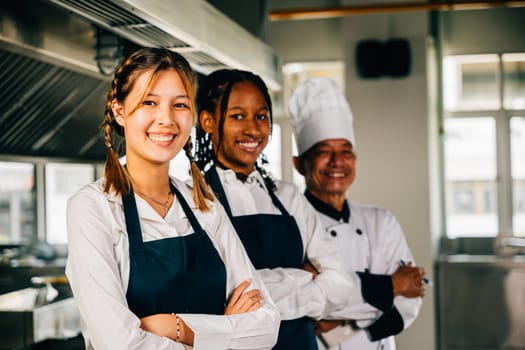 In a professional kitchen smiling chefs in uniform pose for a portrait. Displaying expertise togetherness and teamwork. Teaching colleagues working together.