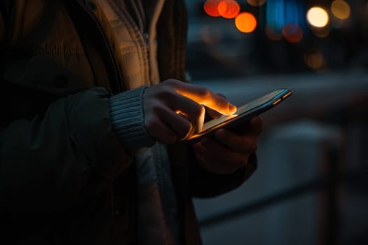 Close-up of hands holding a smartphone with a glowing screen in the dark