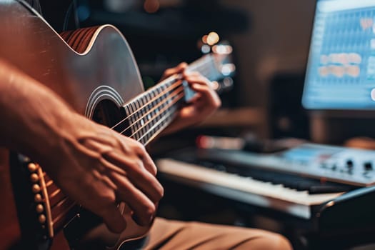 A musician's hands strumming an electric guitar, neon lights and digital soundwaves accentuating the dynamic movement. The blend of technology and music creates an electrifying atmosphere