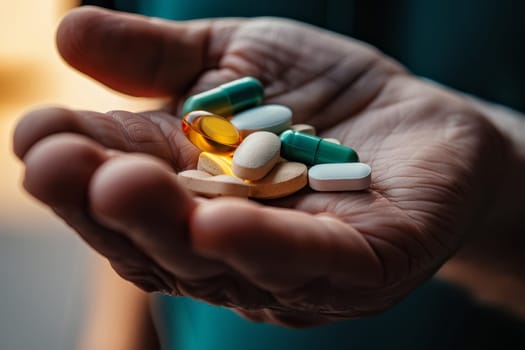 A hand is shown up close, holding a mixture of pills and capsules. This image highlights the complexity of medication regimens in contemporary health practices