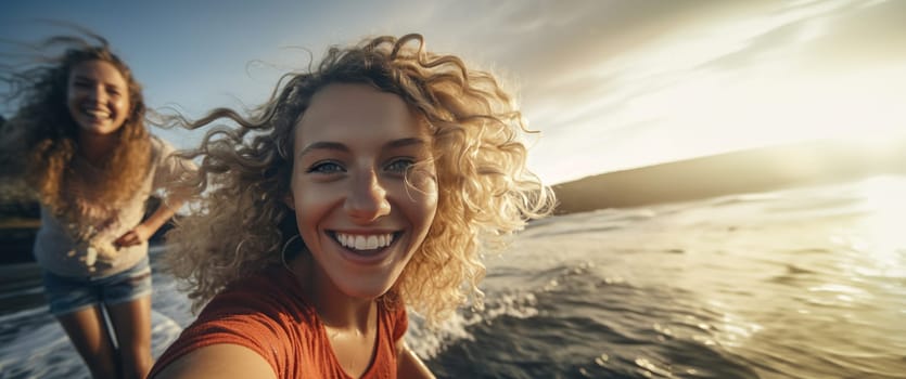 Laughing happy curly teenage girls on surfboard taking selfie with fisheye lens among waves in ocean on sunny summer day, sporty zoomer lifestyle, Generated AI