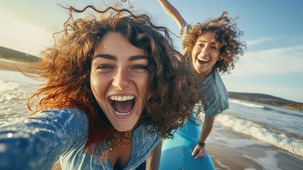 Laughing happy curly teenage girls on a surfboard taking a selfie among the waves in the ocean on a sunny summer day, sporty lifestyle of zoomers,Generated AI
