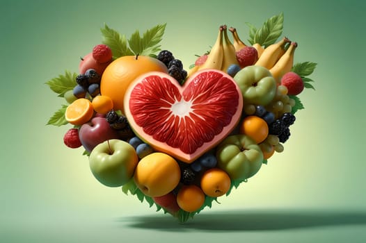 many different mix of fruits in the shape of a heart. AI generated image.