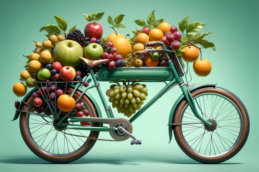 bike with lots of fruits . AI generated image.