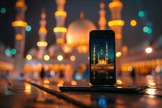 A smartphone displays a vibrant digital Eid card against a backdrop of illuminated mosques. This symbolizes the blend of tradition and modern technology in celebrations