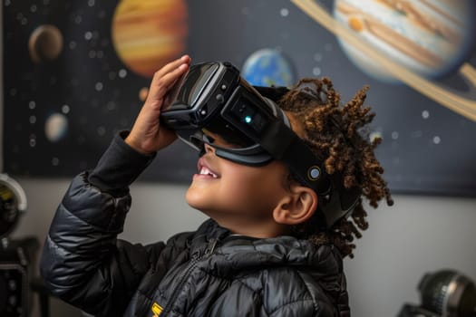 A young child grins broadly while exploring the vastness of the solar system through a virtual reality headset. This immersive educational experience brings space exploration to life in a classroom setting