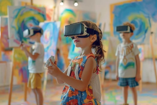 Children in a vibrant art class wear virtual reality headsets, engrossed in creating digital masterpieces. The fusion of technology and art introduces a new dimension of creativity for these young minds