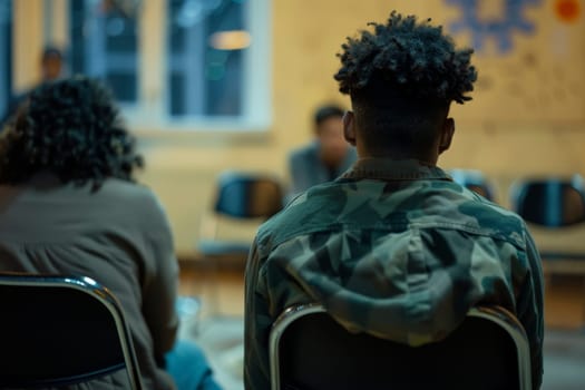 An audience listens attentively during a community meeting. The focus is on a young person's back, highlighting their engagement and participation