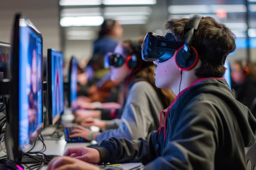 Students are engaged in learning to code through the interactive medium of virtual reality, highlighting a modern approach to education. This scene captures the immersive and innovative methods being used to teach valuable tech skills