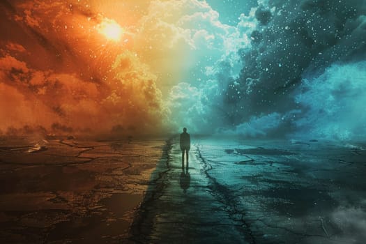 A dramatic composition showcases a lone figure at a crossroads under a split sky, symbolizing a pivotal life decision