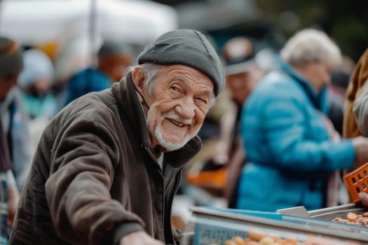 A joyful elderly man with Parkinson's engages in volunteering at a local market, his smile conveying a strong sense of community and purpose