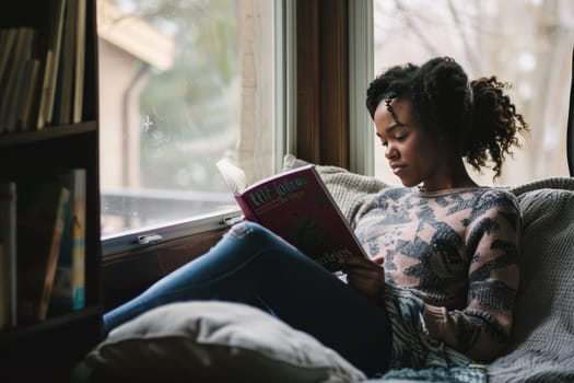 A young woman absorbed in a book by the window, the tranquility of a winter day enhancing her reading experience. The scene embodies the quiet pleasure of literary escape