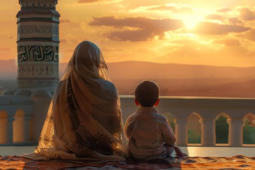 A woman and a child enjoy a tranquil moment, gazing upon a cityscape at sunset. The foreground features a minaret adorned with ornate calligraphy, enhancing the scene's spiritual aura