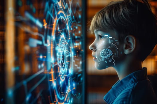 A young girl engages with a futuristic touch interface, highlighting the integration of advanced technology in early childhood education. Her curiosity is illuminated by ambient lights