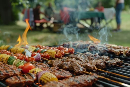 A rich Eid barbecue displays a feast of grilled delicacies, celebrating cultural diversity and togetherness. The vibrant array of foods invites sharing and festivity