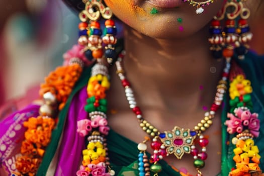 Artisanal jewelry inspired by the Holi festival adorns a person amidst the celebration, vibrant colors dusting their skin. The intricate beads and patterns celebrate the diversity and joy of this cultural event