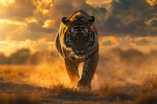 A Bengal tiger strides confidently through a dust-filled sunset. The image captures the beauty and might of an endangered species in its natural habitat