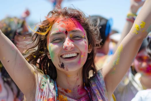 An interfaith gathering celebrates Holi, showcasing vibrant smiles and a shower of colors. The event illustrates the power of cultural celebration to bring people of different backgrounds together