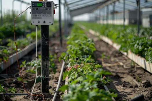 Advanced irrigation technology supports robust plant growth in a greenhouse setting, underscoring the significance of precision agriculture. The clarity of the image highlights the intricacies of modern farming techniques