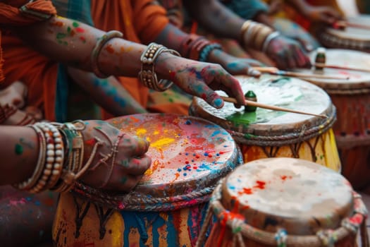 Vibrant Holi colors coat the hands and drums of musicians in a spontaneous celebration of rhythm. The traditional drumming circle brings life to the festival with its rich cultural beats