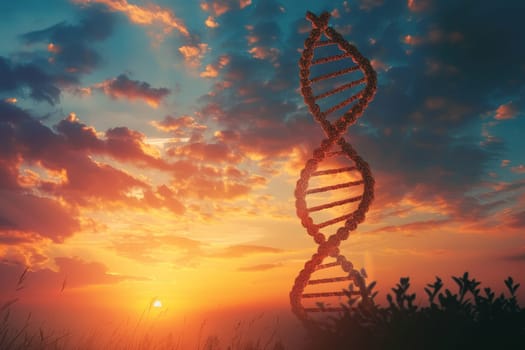 A luminous sunrise illuminates a DNA strand, symbolizing hope and progress in genetic research. The majestic sky above heralds a new day in science and discovery