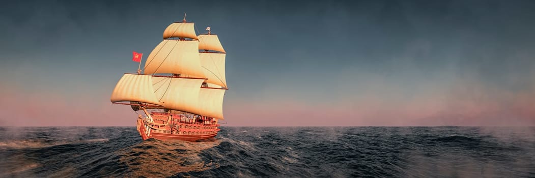 The golden light of sunset reflects on the sails of a classic galleon as it navigates the vast ocean.