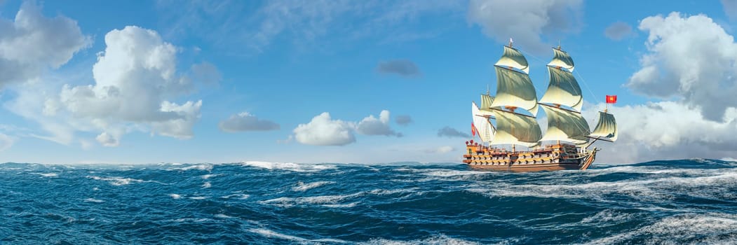 An elegant tall ship sails the turbulent ocean waters, its sails billowing against a sky dotted with cumulus clouds.