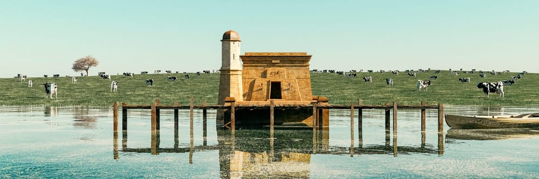 A whimsical scene featuring a traditional building on stilts beside a tranquil lake, surrounded by grazing cows.