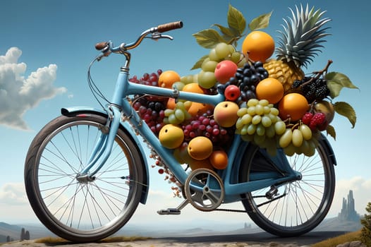 bike with lots of fruits . AI generated image.
