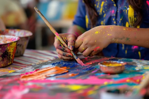 Hand submerged in paint at an art workshop, a vibrant scene of creativity and color inspired by Holi. This workshop encourages artistic exploration and communal artistry