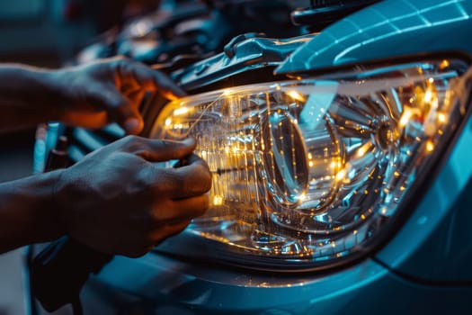A mechanic's hands work on a car's headlight, highlighting the precision of auto maintenance. The intricate bulbs and beams bring mechanics to light