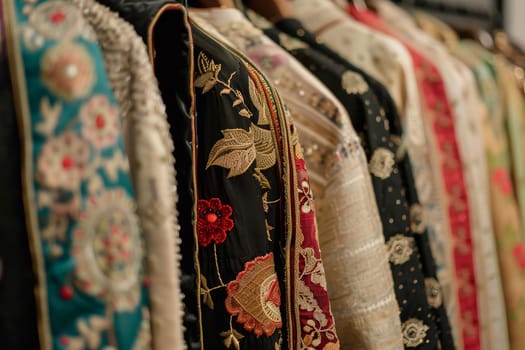 Richly embroidered Eid garments hang in a display, showcasing the cultural heritage. The intricate designs celebrate traditional craftsmanship