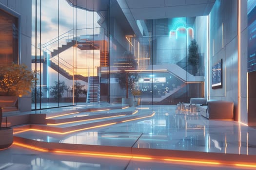 An artist's vision of a futuristic smart home interior with sleek designs and interactive technology interfaces. The scene portrays a harmonious blend of modern living and advanced automation