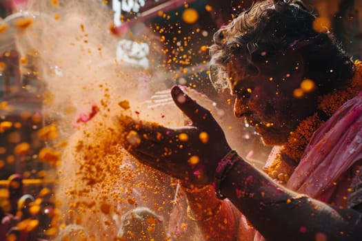 A person enveloped in the vibrant hues of Holi powder, the festive air filled with joy and tradition. This candid moment captures the essence of cultural celebration and personal joy
