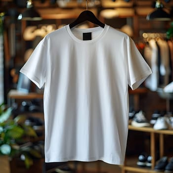 A white Tshirt, with a round neck and short sleeves, is displayed on a clothes hanger in a store. The sportswear jersey features a simple yet stylish fashion design, perfect for retail shopping