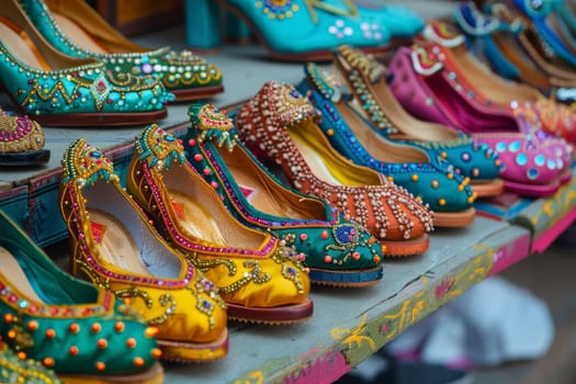 A vibrant display of ethnic footwear, with intricate patterns and beads. Each pair tells a story of cultural craftsmanship.