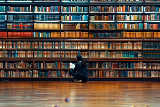 In a tranquil library, an individual is deeply absorbed in reading, surrounded by towering bookshelves. This scene exemplifies a peaceful escape through literature