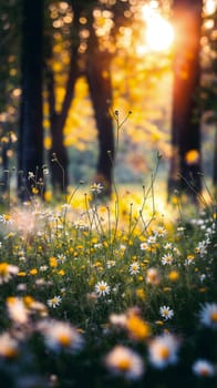 A vibrant field of daisies and wildflowers with sunlight filtering through the trees.
