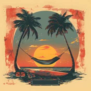 A painting of a hammock hanging between two palm trees, with a surfboard leaning against one tree. The tropical setting is complete with pineapples and oranges scattered around the sandy ground