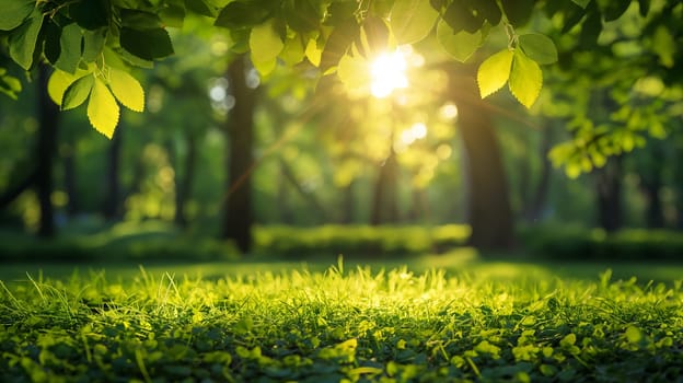 A serene dawn breaks as warm sunlight filters through the vibrant green leaves of a lush garden, heralding a new day - springtime background - Generative AI