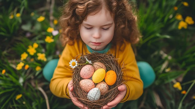 A young girl with curly hair, cradling a nest filled with colorful Easter eggs, is surrounded by vibrant spring flowers in a garden setting - Generative AI