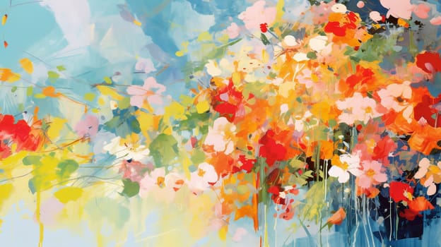 A vibrant burst of color and life, the painting captures the delicate beauty of poppy flowers on a dreamy blue canvas, evoking a sense of whimsy and creativity - generative AI