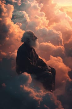 An old man with a beard sitting on a cloud and looking down at the planet Earth. 3d illustration.