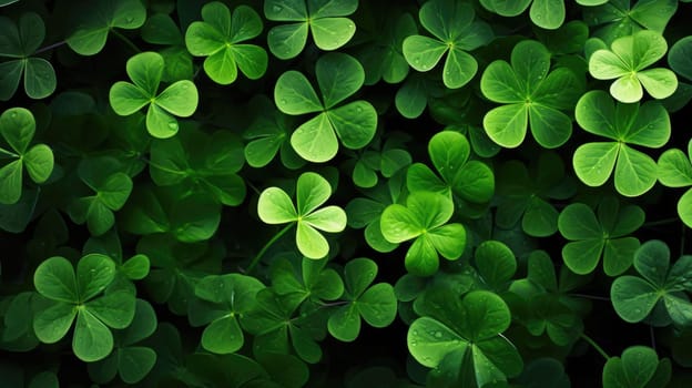 A stunning and vivid scene of a dense field of green four-leaf clovers, perfect for St. Patricks Day or nature-themed designs, providing a sense of freshness and abundance in a harmonious setting.