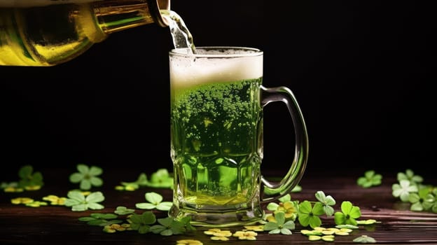 Hand pouring green beer in mug with green four-leaf clover on dark background St. Patricks Day.