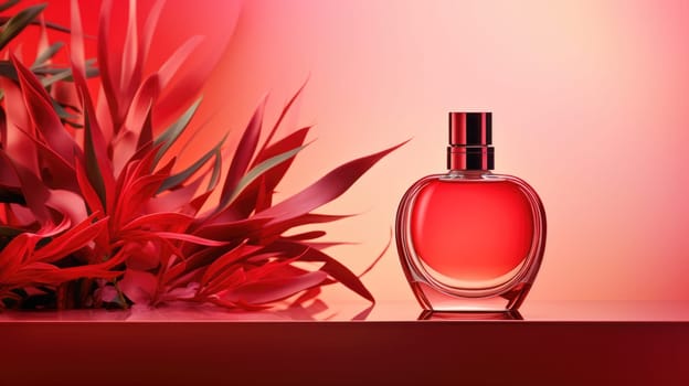 Transparent red glass perfume bottle mockup with plants on background. Eau de toilette. Mockup, spring flat lay