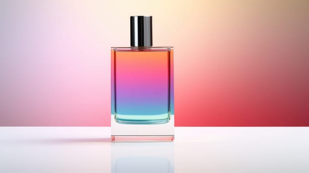 Transparent rainbow glass perfume bottle mockup on pedestal with minimalist background. Eau de toilette. Mockup, spring flat lay