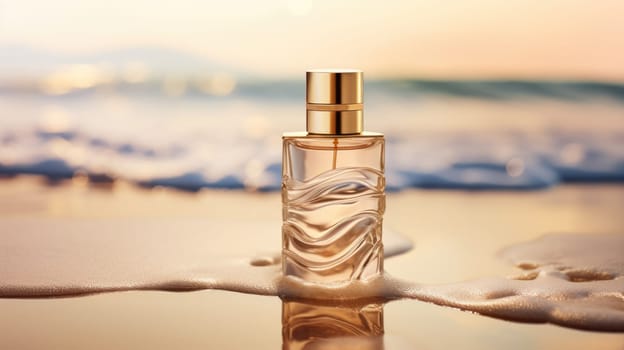 Transparent brown glass perfume bottle mockup with sandy beach and ocean waves on background. Eau de toilette. Mockup, spring flat lay