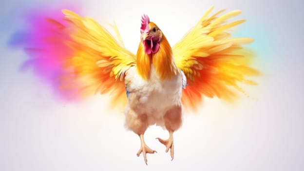 Vibrant chicken flying with colorful rainbow feathers in the sky on bright background.