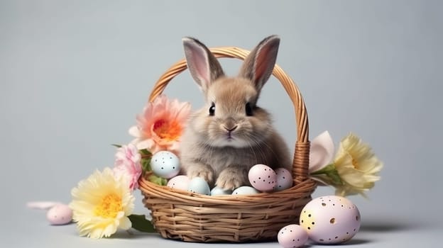 A fluffy white rabbit with long ears in a basket surrounded by Easter eggs on a blue background. Curious expression, vibrant colors. Ideal for Easter or spring projects.